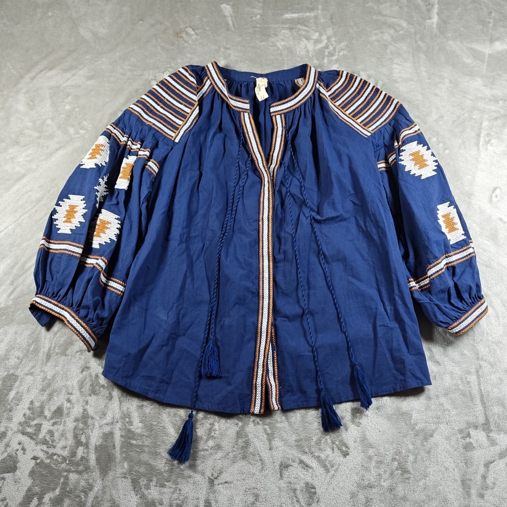 Bohemy Blouse Womens Large Embroidered Boho Peasant Tassel Southwest Aztec Folk